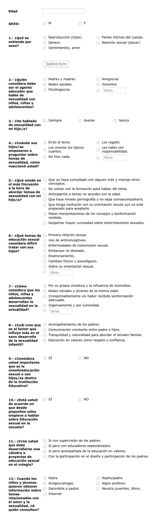 Formulario Encuesta Sobre Educación Sexual, Orientado A Padres De Familia