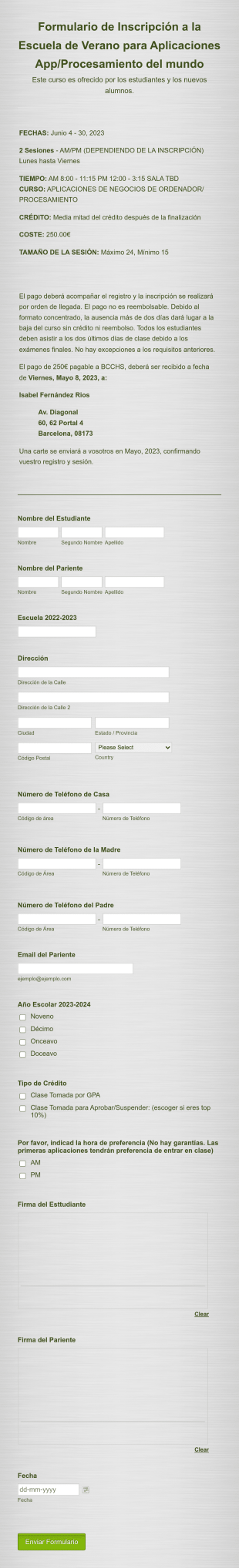Formulario Inscripción De Curso De Verano Form Template