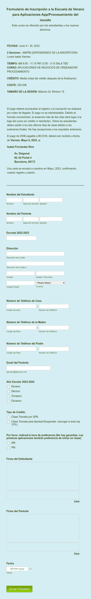 Formulario Inscripción De Curso De Verano