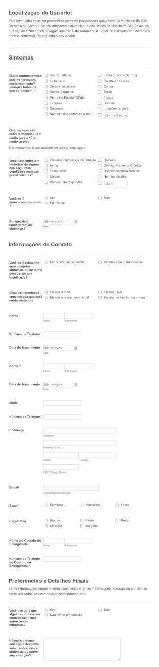 Formulário Local De Autodeclaração De Sintomas Da COVID 19 Para Realização De Testes Form Template