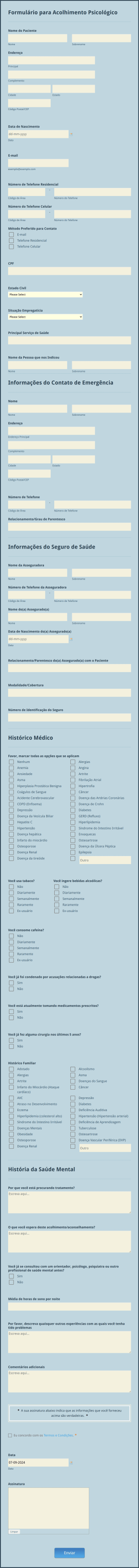 Formulário Para Acolhimento Psicológico Form Template