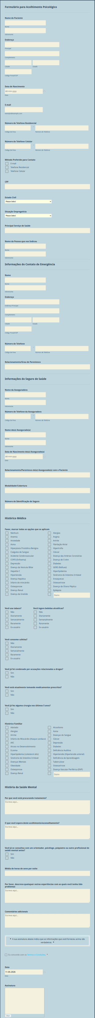 Formulário Para Acolhimento Psicológico