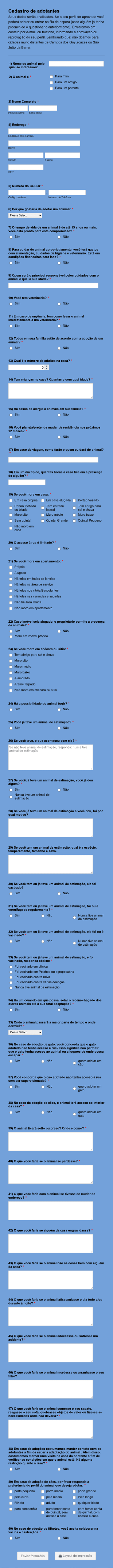 Formulário Para Adoção De Animais Domésticos Form Template
