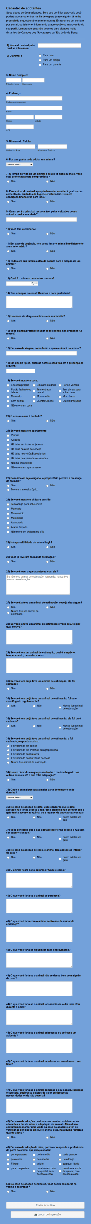 Formulário Para Adoção De Animais Domésticos