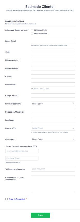Formulario Para Altas De Usuarios Con Facturación Electrónica