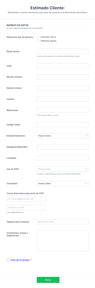 Formulario Para Altas De Usuarios Con Facturación Electrónica Form Template