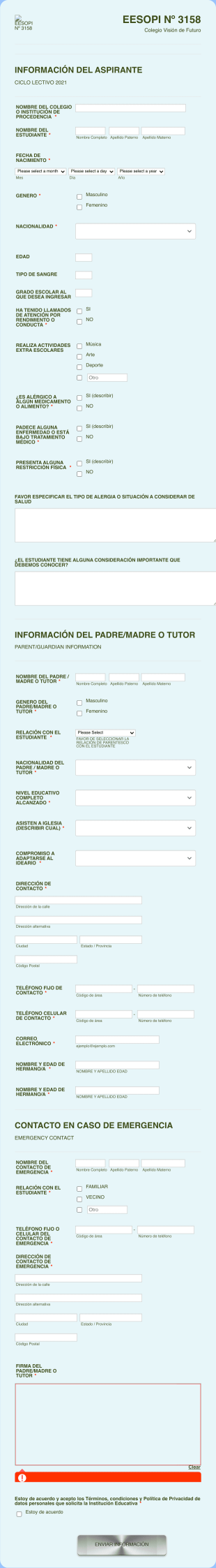 Formulario Para Aspirantes A Ingreso EESOPI Nº 3158 Ciclo 2021