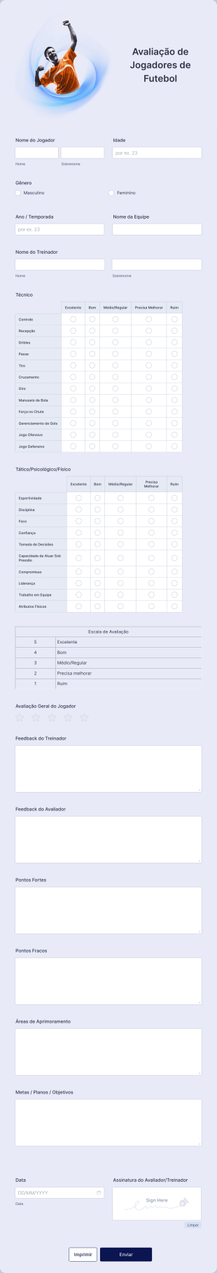 Formulário Para Avaliação De Jogadores De Futebol Form Template