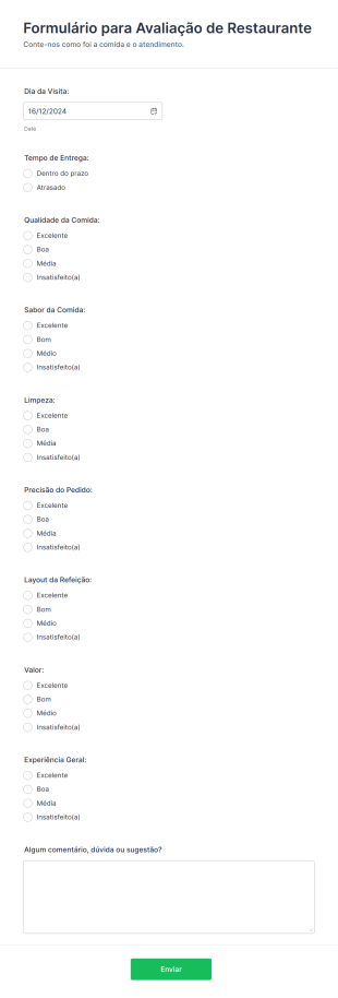 Formulário Para Avaliação De Restaurante Form Template