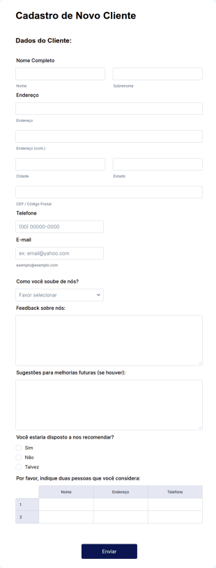 Formulário Para Cadastro De Novo Cliente