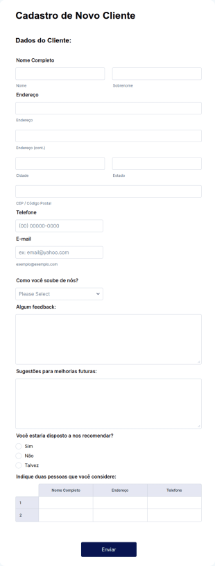 Formulário Para Cadastro De Novos Clientes