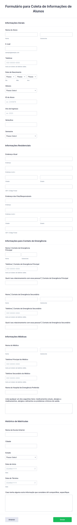 Formulário Para Coleta De Informações De Alunos