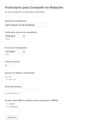 Formulario Para Competir En Natación