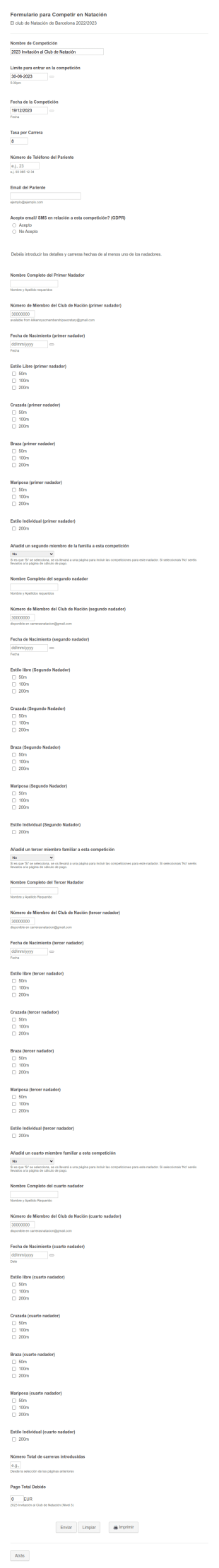 Formulario Para Competir En Natación