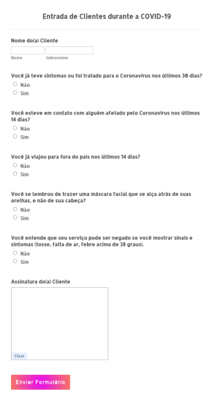 Formulário Para Entrada De Clientes Durante A COVID 19