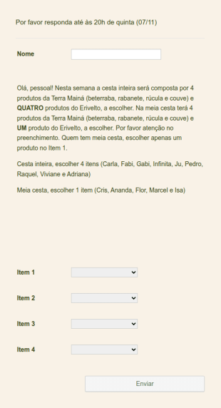 Formulário Para Escolha De Produtos
