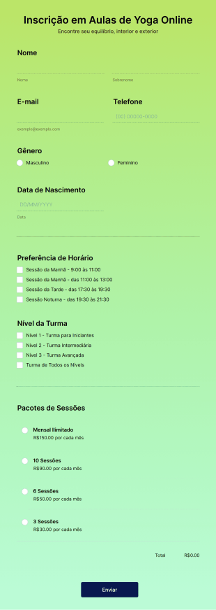 Formulário Para Inscrição Em Aulas De Ioga Online Form Template