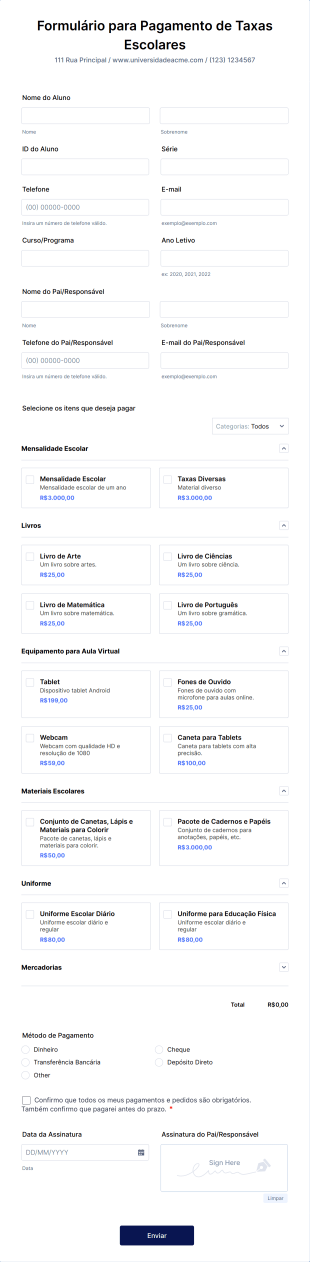 Formulário Para Pagamento De Taxas Escolares Form Template