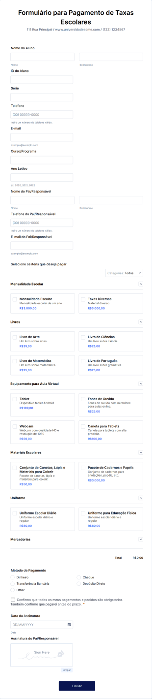 Formulário Para Pagamento De Taxas Escolares
