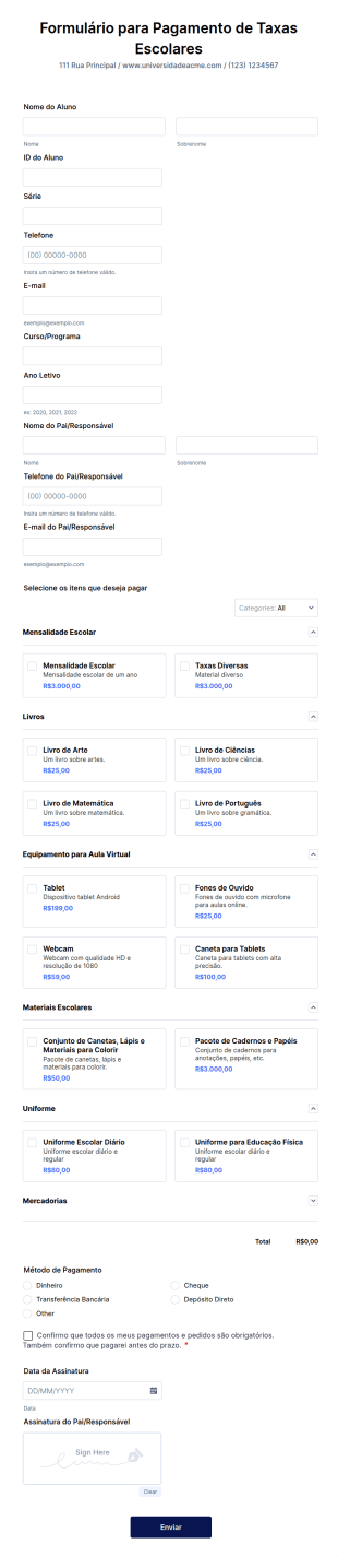 Formulário Para Pagamento De Taxas Escolares