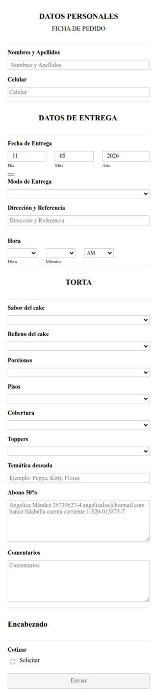 Formulario Para Pedido De Pastelería Caramella