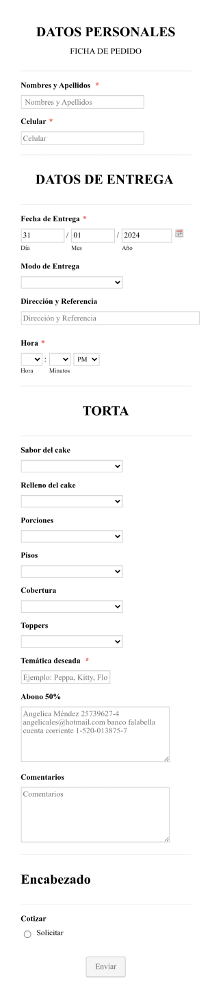 Formulario Para Pedido De Pastelería Caramella