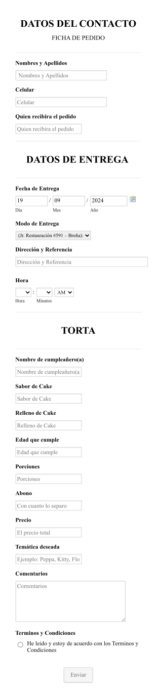 Formulario Para Pedido De Pastelería Elaboración De Pastel Form Template