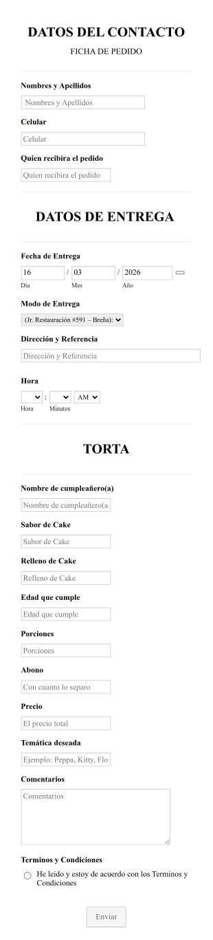 Formulario Para Pedido De Pastelería Elaboración De Pastel