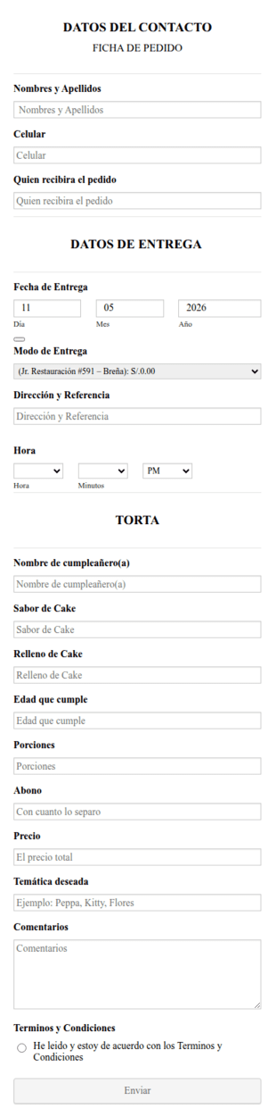 Formulario Para Pedido De Pastelería Elaboración De Pastel