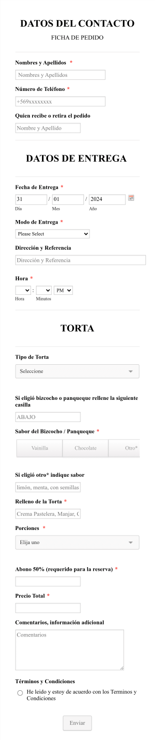 Formulario Para Pedido De Pastelería
