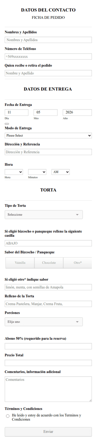 Formulario Para Pedido De Pastelería