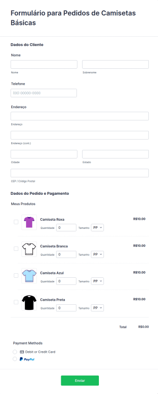 Formulário Para Pedidos De Camisetas Básicas
