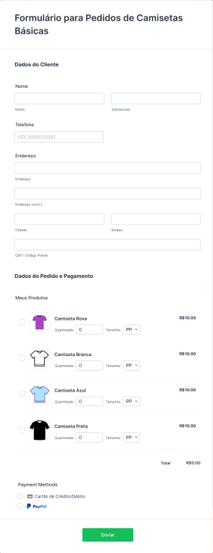 Formulário Para Pedidos De Camisetas Básicas Form Template