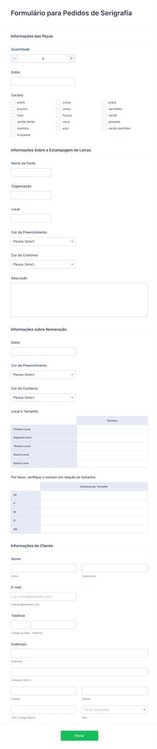 Formulário Para Pedidos De Serigrafia Form Template