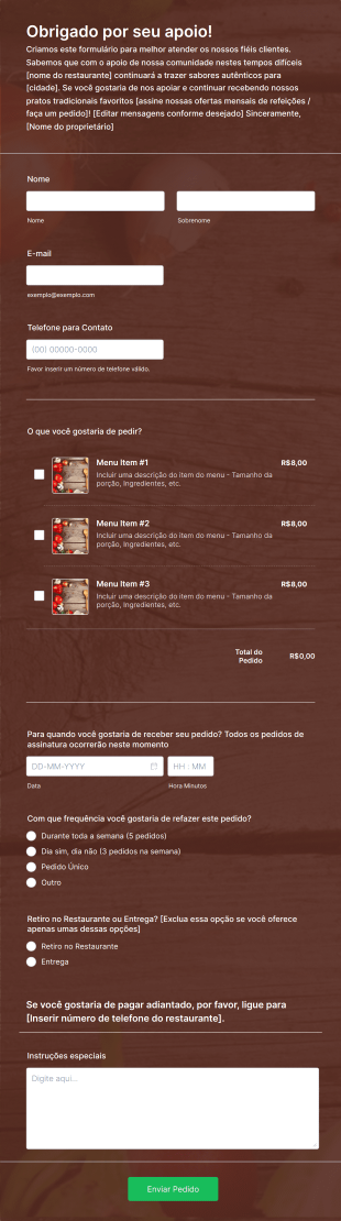 Formulário Para Pedidos Recorrentes Do Restaurante Durante A COVID 19 Form Template