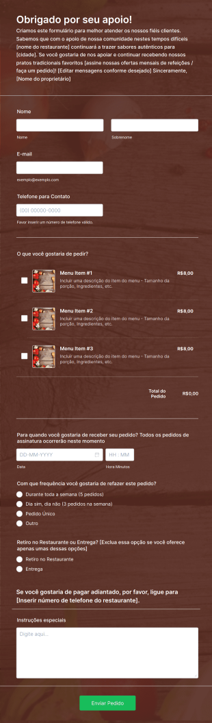 Formulário Para Pedidos Recorrentes Do Restaurante Durante A COVID 19 Form Template