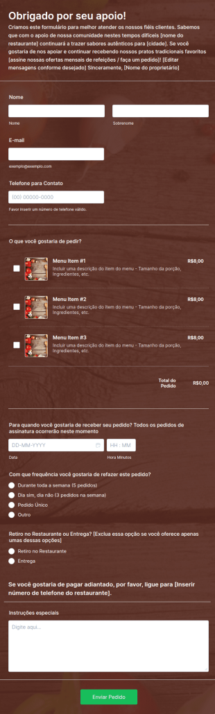 Formulário Para Pedidos Recorrentes Do Restaurante Durante A COVID 19