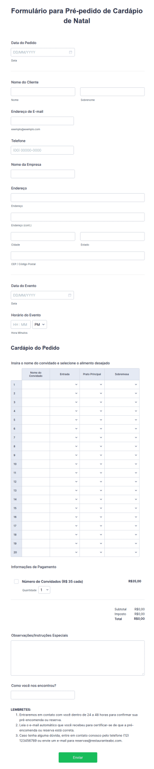 Formulário Para Pré Pedido De Cardápio De Natal