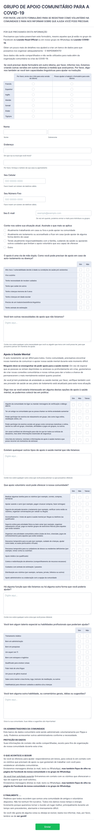 Formulário Para Registro De Voluntários E Pedidos De Apoio Da Comunidade Durante A COVID 19