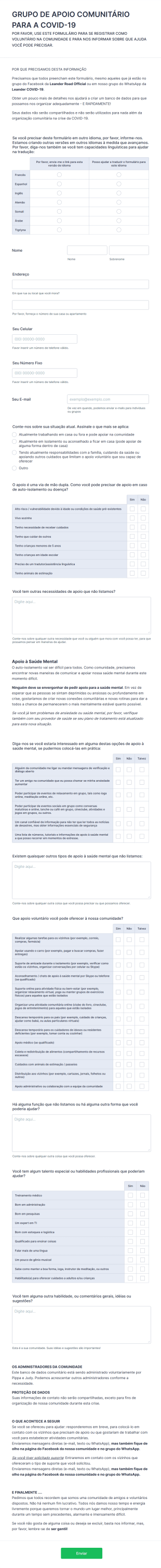 Formulário Para Registro De Voluntários E Pedidos De Apoio Da Comunidade Durante A COVID 19