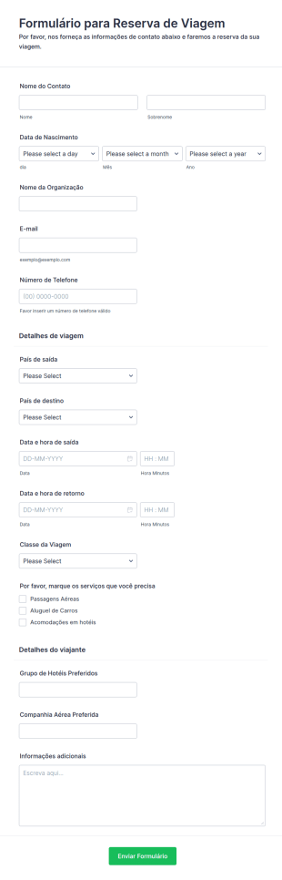 Formulário Para Reserva De Viagem