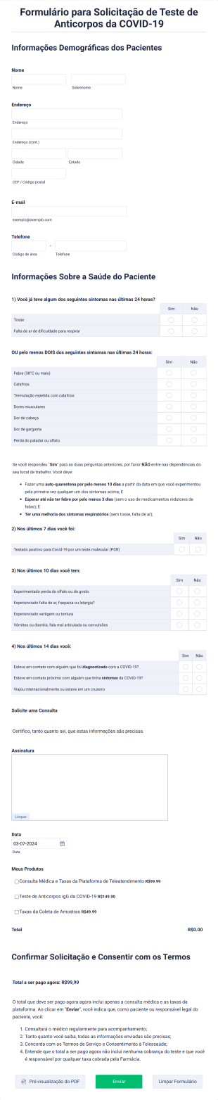 Formulário Para Solicitação De Teste De Anticorpos Da COVID 19 Form Template