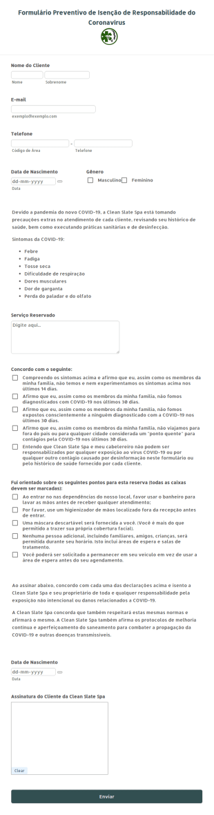 Formulário Preventivo De Triagem E Isenção De Responsabilidade Do Coronavírus