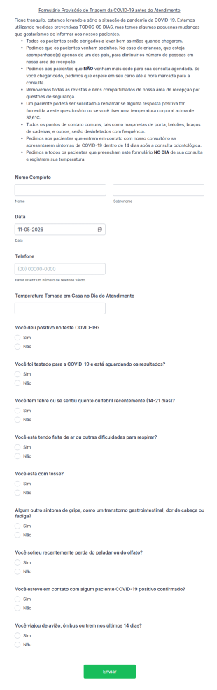 Formulário Provisório De Triagem Da COVID 19 Antes Do Atendimento