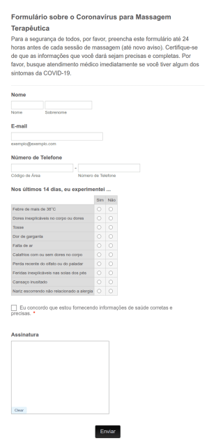 Formulário Sobre O Coronavírus Para Massagem Terapêutica