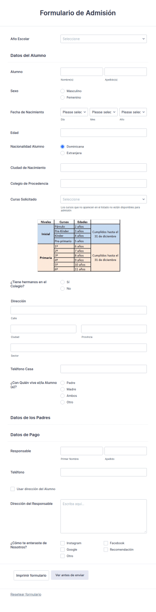 Formulario Solicitud De Admisión CALASANZ