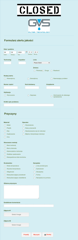Formularz Alertu Jakości Form Template