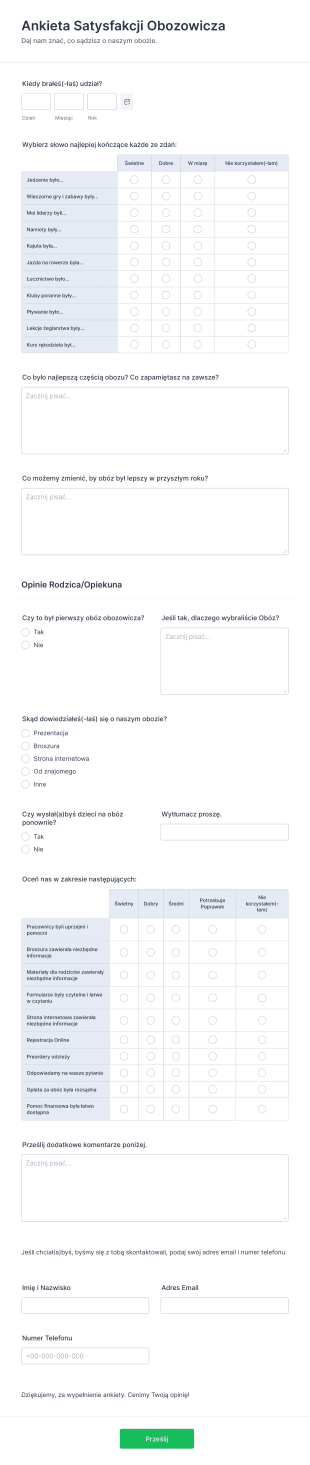 Formularz Ankiety Satysfakcji Obozowicza Form Template