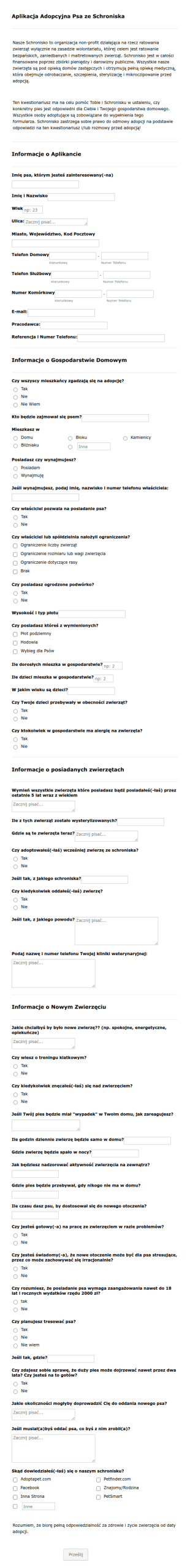 Formularz Aplikacji O Adopcję Psa Ze Schroniska