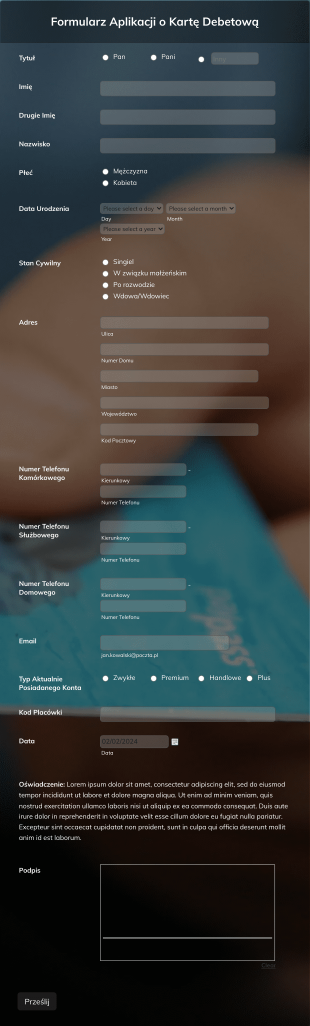 Formularz Aplikacji O Kartę Debetową Form Template